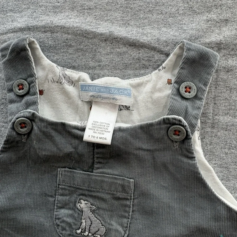 Janie & Jack Corduroy Autumn Warmth Wolf Cargo Overalls Luxurious 3-6M Excellent